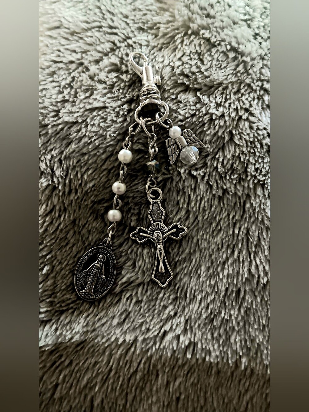 Religious Cross and Medal Keychain - Silver